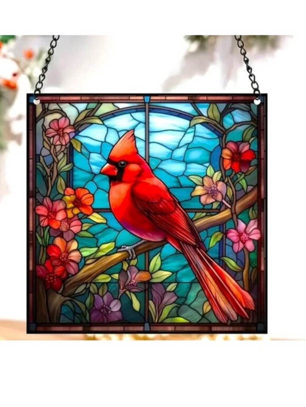 Cardinal Suncatcher Red Bird Square Metal Hanging Chain Indoor Outdoor Heaven